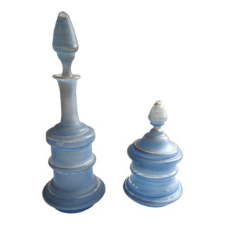 Pair of Victorian Hand-Painted Blue Glass Perfume Bottles With Provenance Note Late 19th Century For Sale
