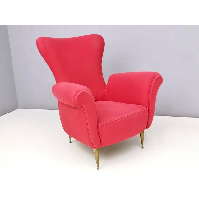 Vintage Red Cotton Wingback Armchair with Brass Feet, Italy For Sale - Image 11 of 11