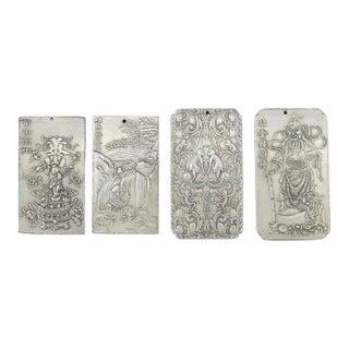 Four Antique Chinese Engraved White Metal Scroll/Book Weights C1900 For Sale