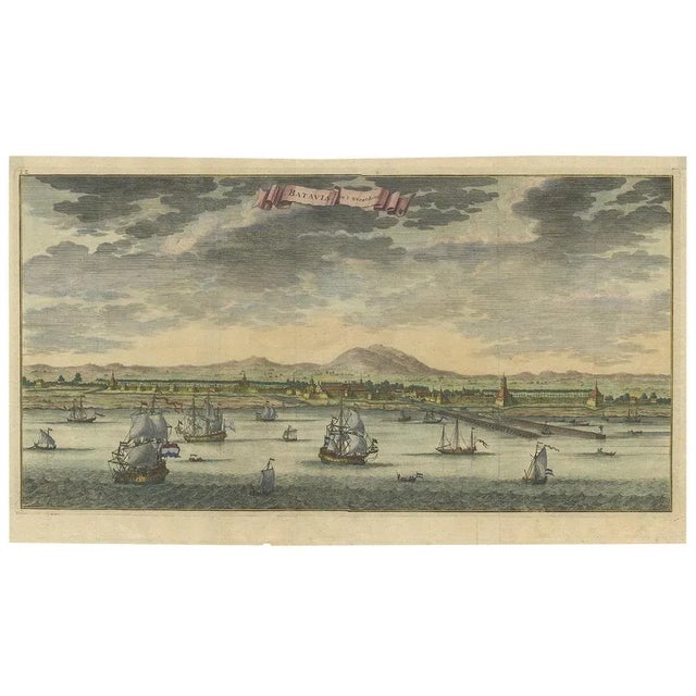 Antique print Indonesia titled 'Batavia in 't Verschiet'. Large panoramic view of Batavia, present-day Jakarta, Indonesia....