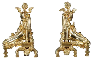 Rocaille-Style Ormolu Bronze Fireplace Andirons, Set of 2