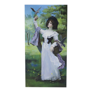 Large Hand-Painted Portrait Painting of Lady With Dove in Pastoral Landscape