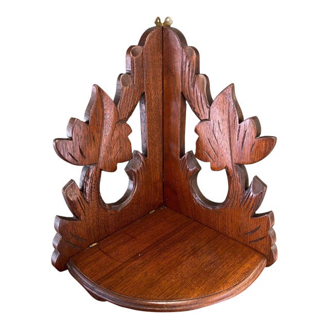 Vintage Ornate Hand Carved Wooden Corner Hanging Shelf With Leaf Motif For Sale