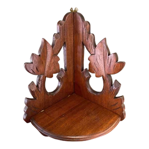 Vintage Ornate Hand Carved Wooden Corner Hanging Shelf With Leaf Motif