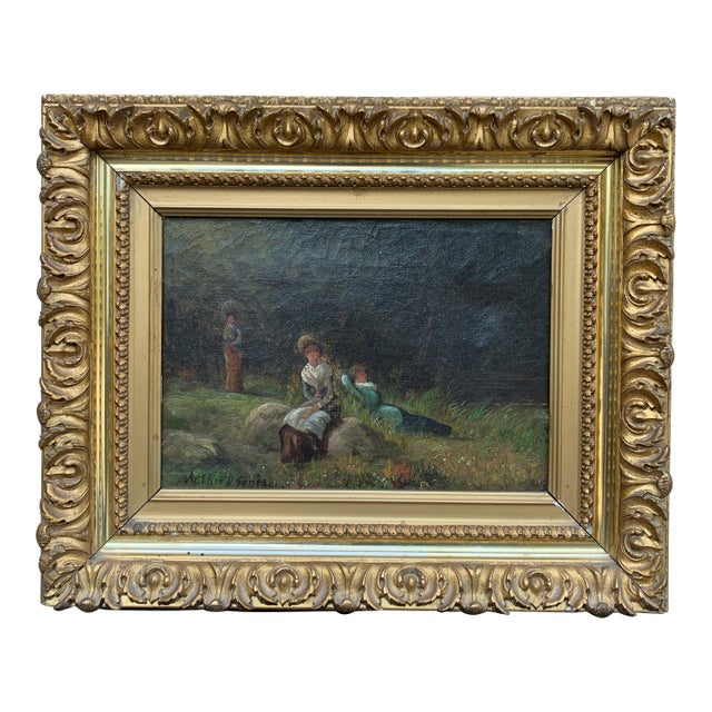 Antique Country Landscape With Three Ladies in a Carved Giltwood Frame For Sale