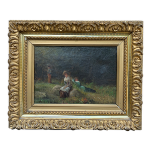 Antique Hand Painted Framed Oil on Canvas Ladies in a Landscape Painting