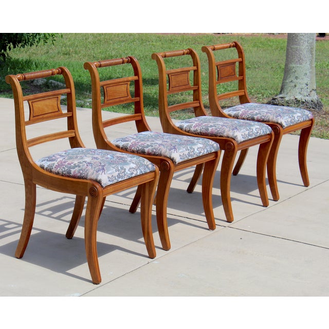 Traditional Set of 4 Vintage Federal Style Walnut Dining Chairs With Equestrian Hunt Scene Upholstery For Sale - Image 3 of 18