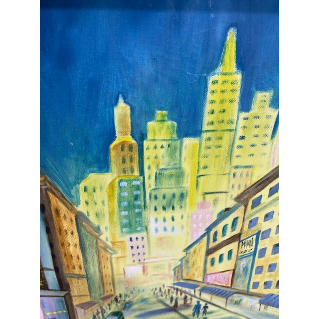 Wood 1970s Whimsical Mid-Century Modern Cityscape Painting in Lavender Frame For Sale - Image 7 of 11