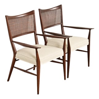 Paul McCobb Irwin Collection Mid-Century Modern Sculpted Walnut Cane Back Armchairs, Newly Refinished For Sale