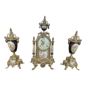 Antique French-Style Porcelain & Gilt Bronze Clock Garniture Set – Hand-Painted Romantic Scenes - 3pcs