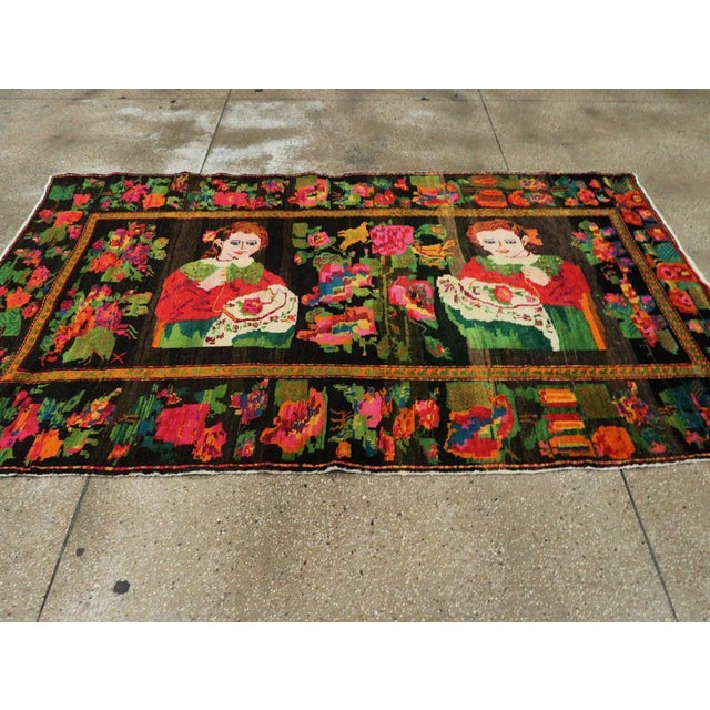 Folk Art Galerie Shabab Collection Mid-20th Century Handmade Caucasian Pictorial Karabagh Accent Rug For Sale - Image 3 of 7