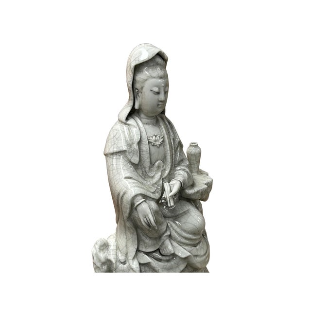 Chinese Handcrafted GuanYin Bodhisattva Crackle Off White Porcelain Statue For Sale - Image 4 of 11