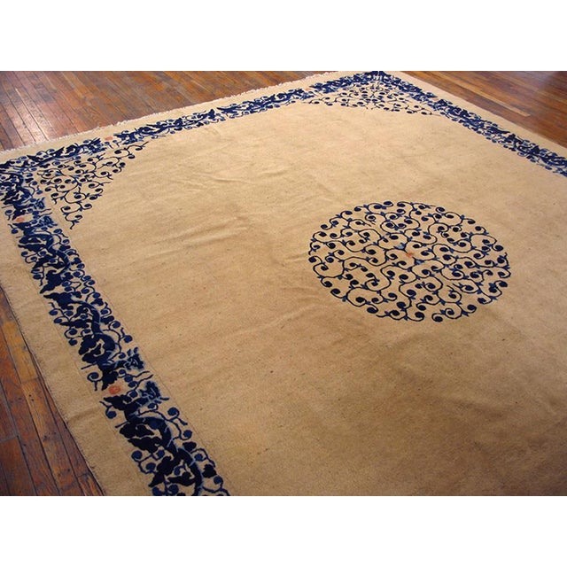 1890s Beige Medallion Handknotted Antique Chinese Peking Rug 9'4" X 11'4" Wool Carpet For Sale - Image 4 of 6