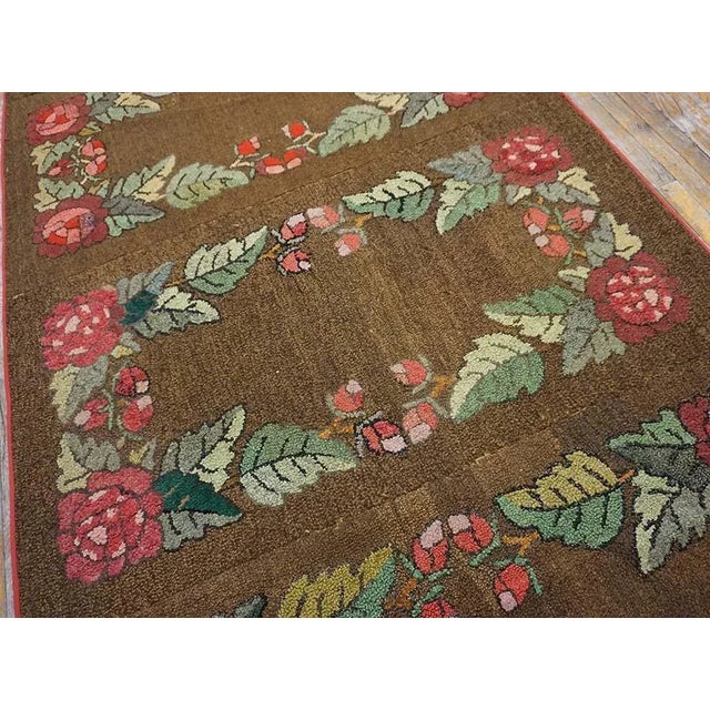 1920s Stately Brown Color Floral Desing Antique American Hooked Rug For Sale - Image 5 of 12