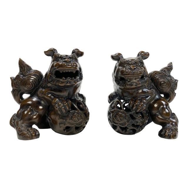 Vintage Foo Dog Figures With Bronze Finish, Pair For Sale