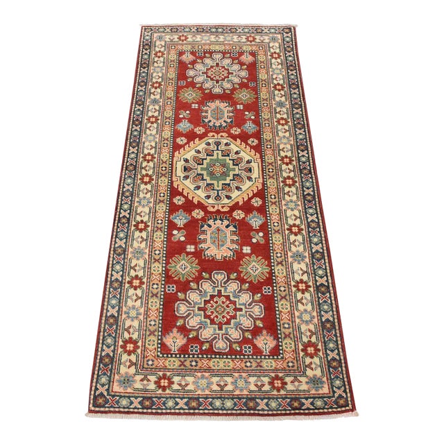 Kazak Runner 2’8” X 6’2” Red Wool Tribal Hand-Knotted Oriental Rug For Sale