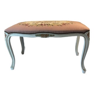 Vintage French Provincial Pink Needlepoint Vanity Bench For Sale