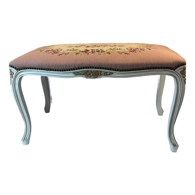 Vintage French Provincial Pink Needlepoint Vanity Bench For Sale