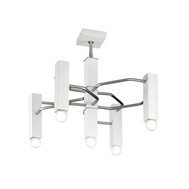 Italian geometric flush mount or chandelier with 5 white square bulb holders interconnected with metal tubes in satin...