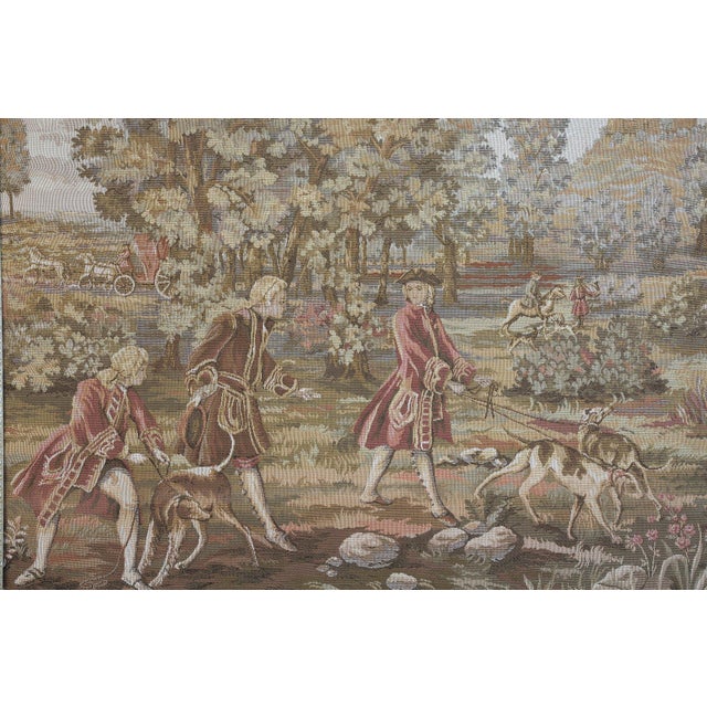 Vintage Framed French Aubusson-Style Jacquard Hunting Scene Tapestry Step into the romantic grandeur of the French...