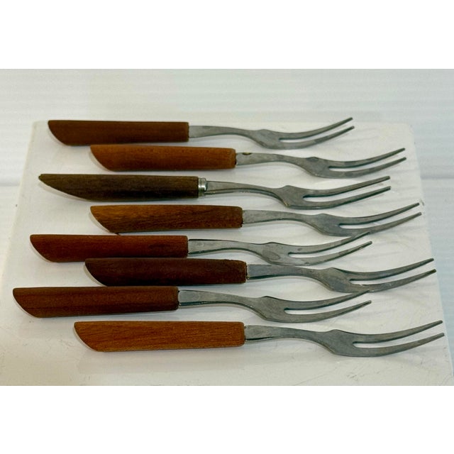 Wood Vintage Japanese Mid-Century Stainless & Wood Cocktail Forks — Set of 9 For Sale - Image 7 of 11
