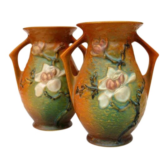 1930s Roseville Pottery Magnolia Pattern Vase - Authentic Depression Era Art Pottery From Diplomat's Estate For Sale
