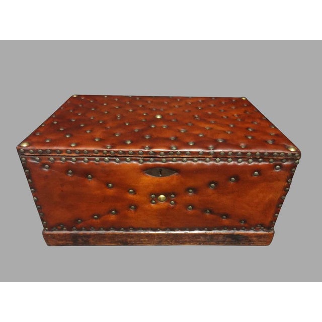 Brown Leather Covered & Brass Studded Chest, 1870s For Sale - Image 8 of 8