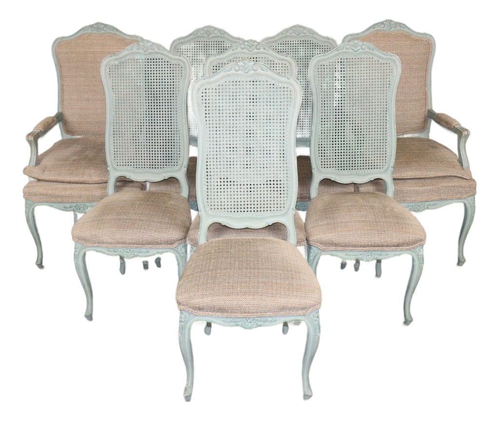 Set 8 French Louis XV Style Blue Painted Cane Back Dining Chairs