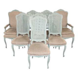 Set 8 French Louis XV Style Blue Painted Cane Back Dining Chairs For Sale