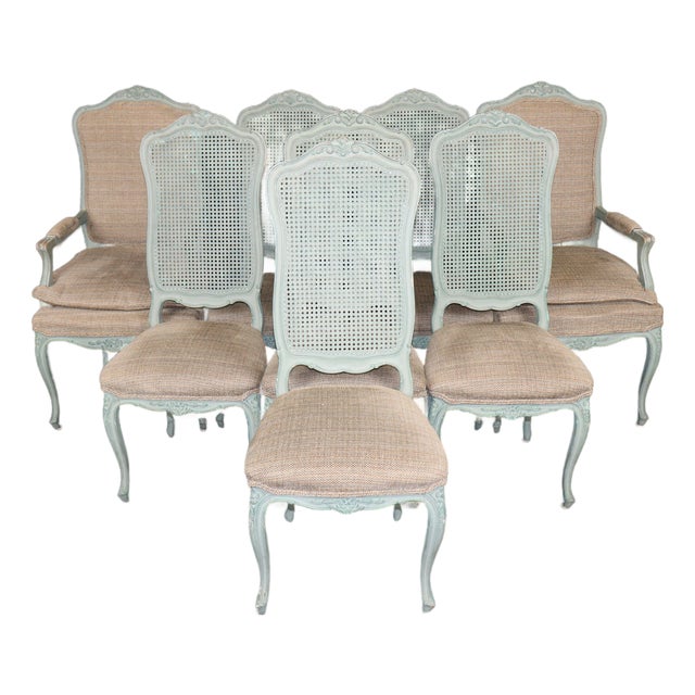 Set 8 French Louis XV Style Blue Painted Cane Back Dining Chairs For Sale