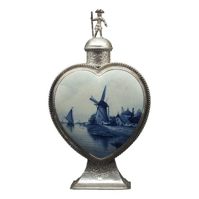 Antique Porcelin and Sterling Silver Friendship Caddy from Fles / Royal Delft, 1893 For Sale