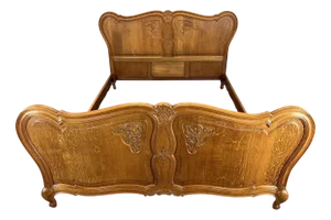 Vintage French Louis XVI Style Double Carved Bed in Oak