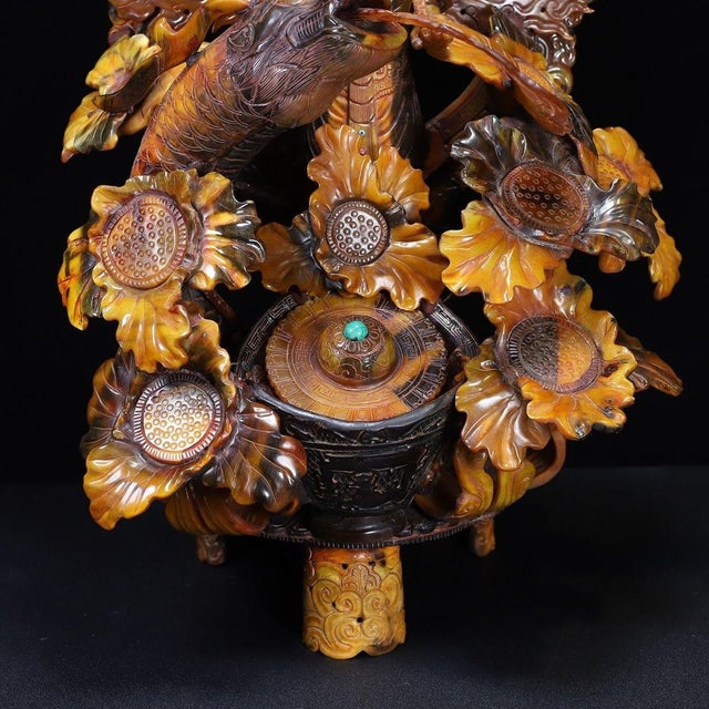 Plastic Late 19th Century Large Carved Faux Horn Bodhisattva on Dragon Sculpture For Sale - Image 7 of 10