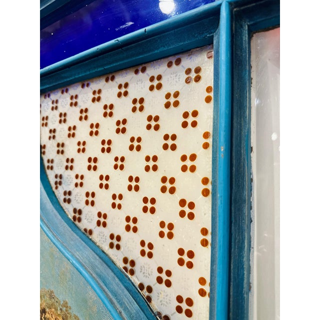 Antique Late 19th Century Blue Painted Moorish Style Stained Glass Door With Hand-Painted Landscape Panel For Sale - Image 9 of 15