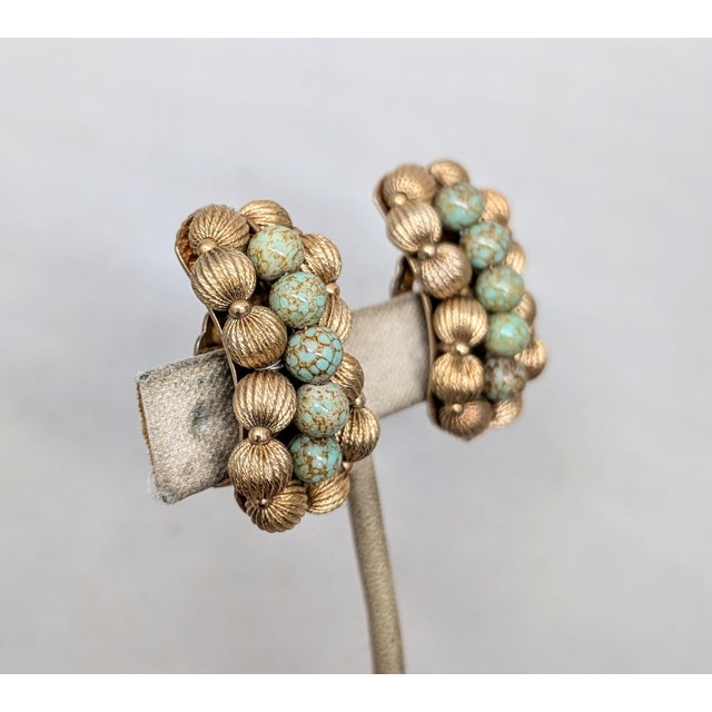 Mid-Century Modern Vintage 1950s Signed Napier Goldtone Faux-Turquoise Beaded Clip Earrings-2 Pieces For Sale - Image 3 of 7