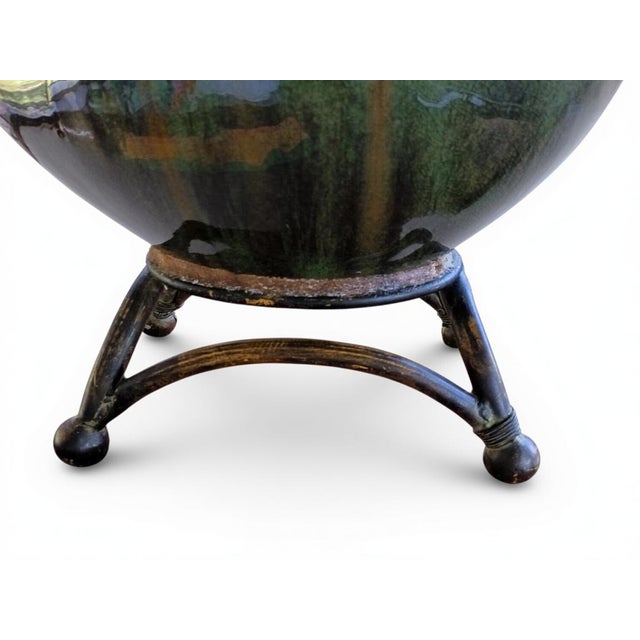 Dark Green Artisan Glazed Ceramic Vase on Wrought Iron Stand With Sculptural Horn Accent For Sale - Image 8 of 10
