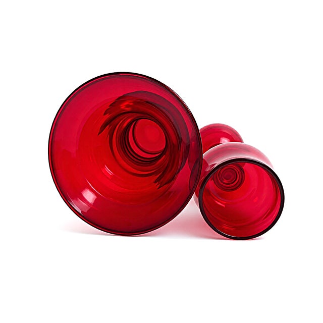 Mid-Century Modern Vintage Czech Art Glass Ruby Red Vase & Matching Candleholder For Sale - Image 3 of 4