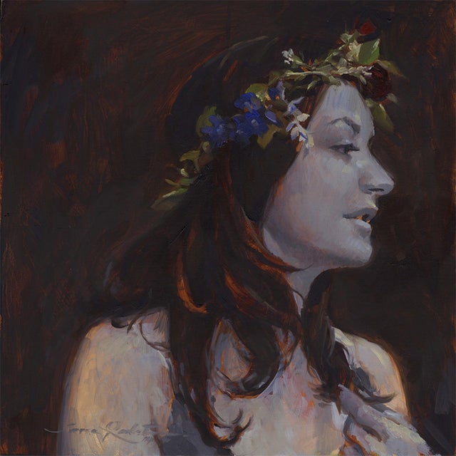 Nymph V by Jane Radstrom | Oil Painting of a woman with a flower crown in profile. For Sale