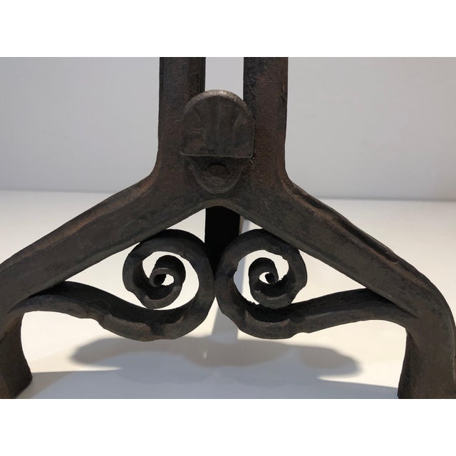 1900s Pair of wrought iron and hammer firedogs. Art Nouveau. Signed Wanner Genneva For Sale - Image 9 of 12