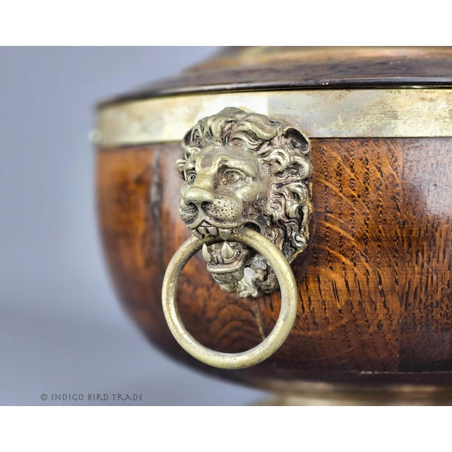 Victorian 1870's Antique English Oak & Silver Plated Victorian Pedestal Trophy Salad or Fruit Bowl Dish With Lid and Lion Head Ring Handles For Sale - Image 3 of 12
