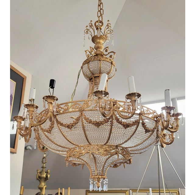 Vintage French Style Bronze & Crystal Basket Chandelier For Sale - Image 14 of 18