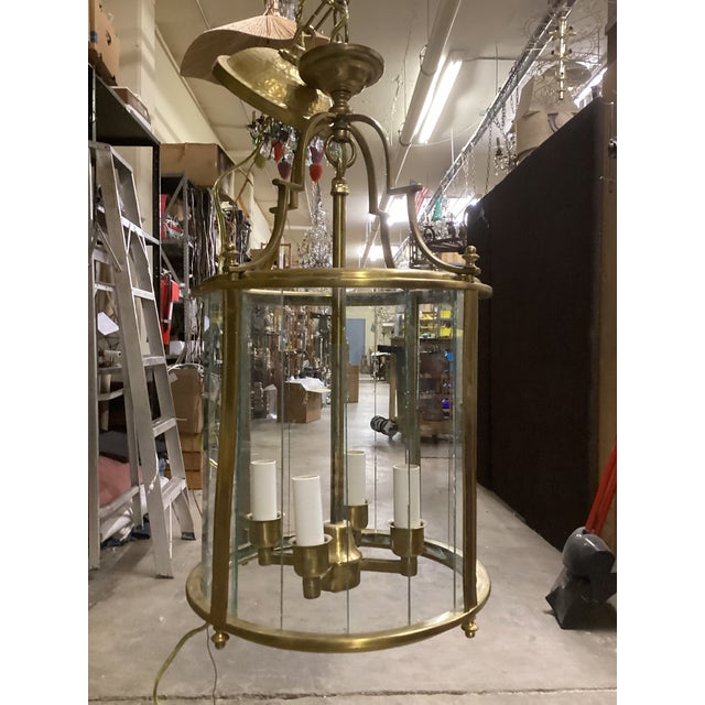 Hollywood Regency Mid 20th Century Italian Mid-Century Brass & Glass Lantern Chandelier, 4-Light For Sale - Image 3 of 5