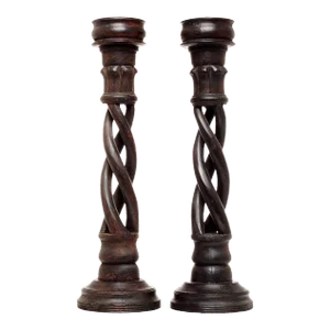 Vintage Indian Wooden Candlesticks With Spiral Design, 20th Century - a Pair