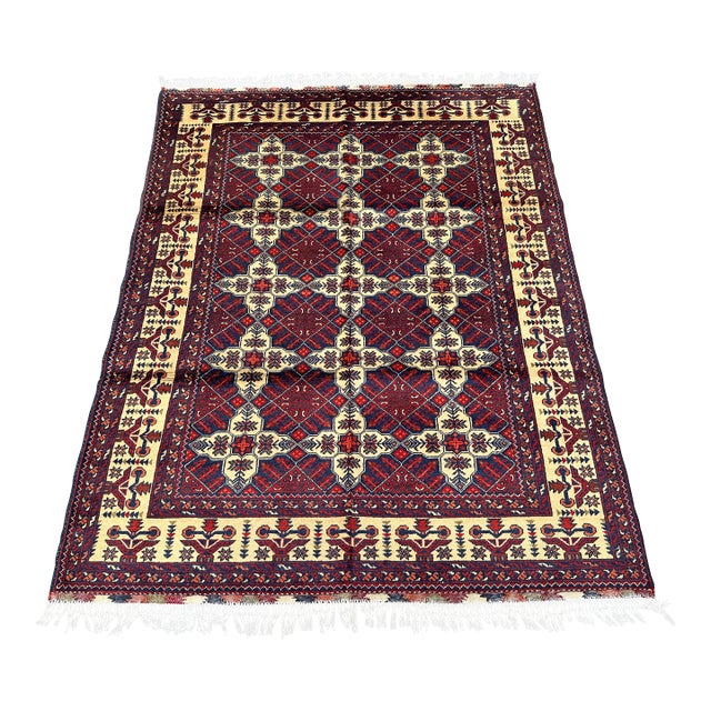 Vintage Afghan Turkmen Ivory Diamond Lattice Tribal Rug - 6'4" X 4'10" For Sale