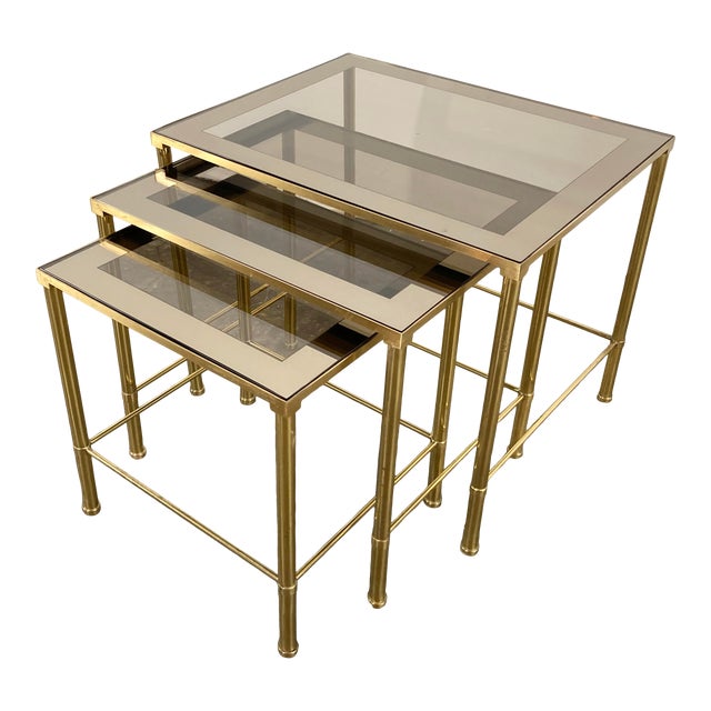 Mirrored Brass and Smoked Glass Nesting Tables, Set of 3 Chairish
