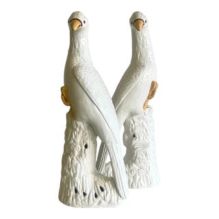 Vintage Regency Italian Glazed Ceramic Cockatoo - a Pair For Sale