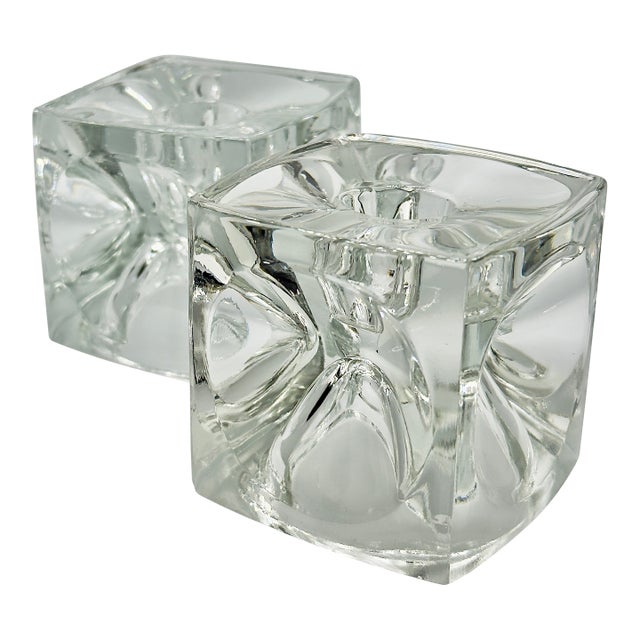 Rudolf Jurnikl for Rosice Sklo Union Mid-Century Modern Clear Cube Glass Candle Holders - A Pair (Circa 1960s) For Sale