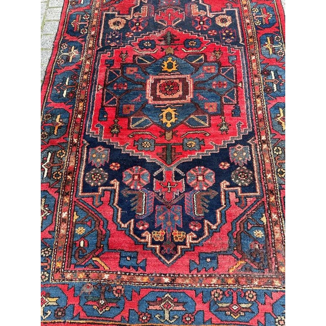 Pretty mid century rustic Hamadan rug with beautiful geometrical and tribal design and nice colours with a red and blue...