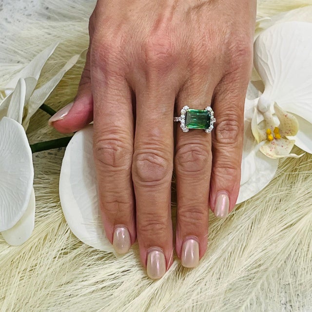 2010s Natural Tourmaline Diamond Ring 14k W Gold 4.2 TCW Certified For Sale - Image 5 of 16