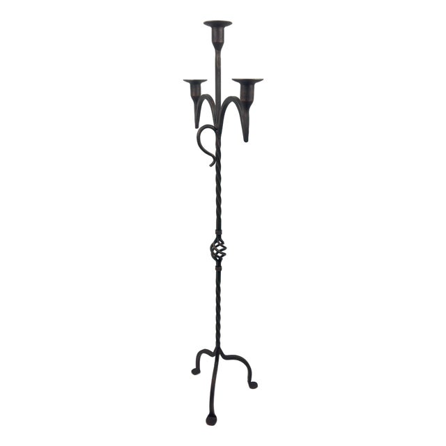 Hand Forged Iron Floor Candelabra 49″ (124cm) Antique Copper Patina 3-Arm Wide Base Stable Candle Holder Rustic Decor For Sale